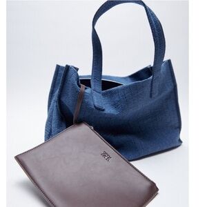 Zara Blue Tote Bag with Brown Pouch